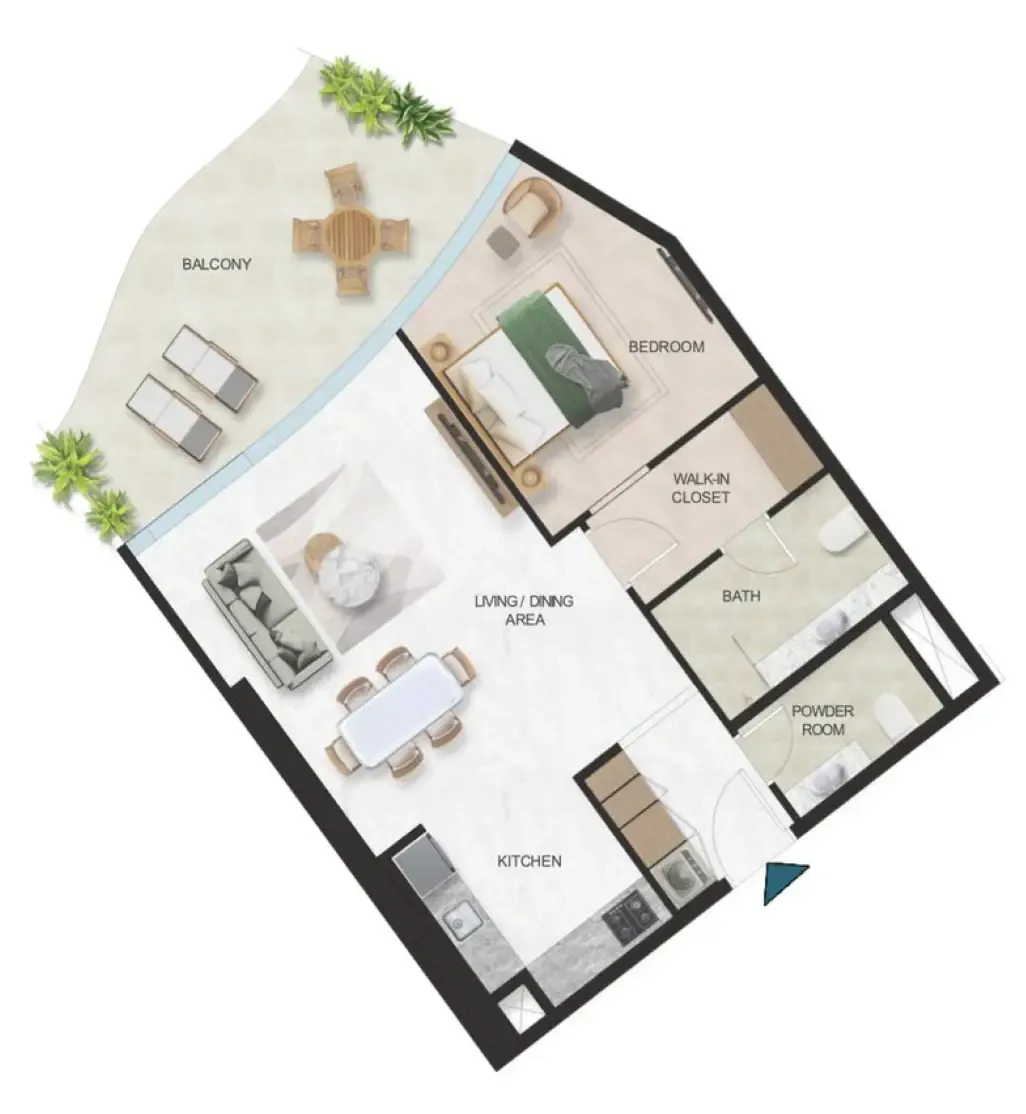 Oystra 1 bed floor plan, 962 sqft