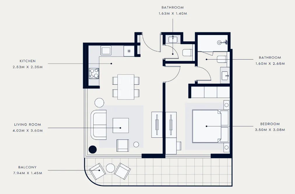 Azizi Venice 1 bed floor plan, 693 sqft