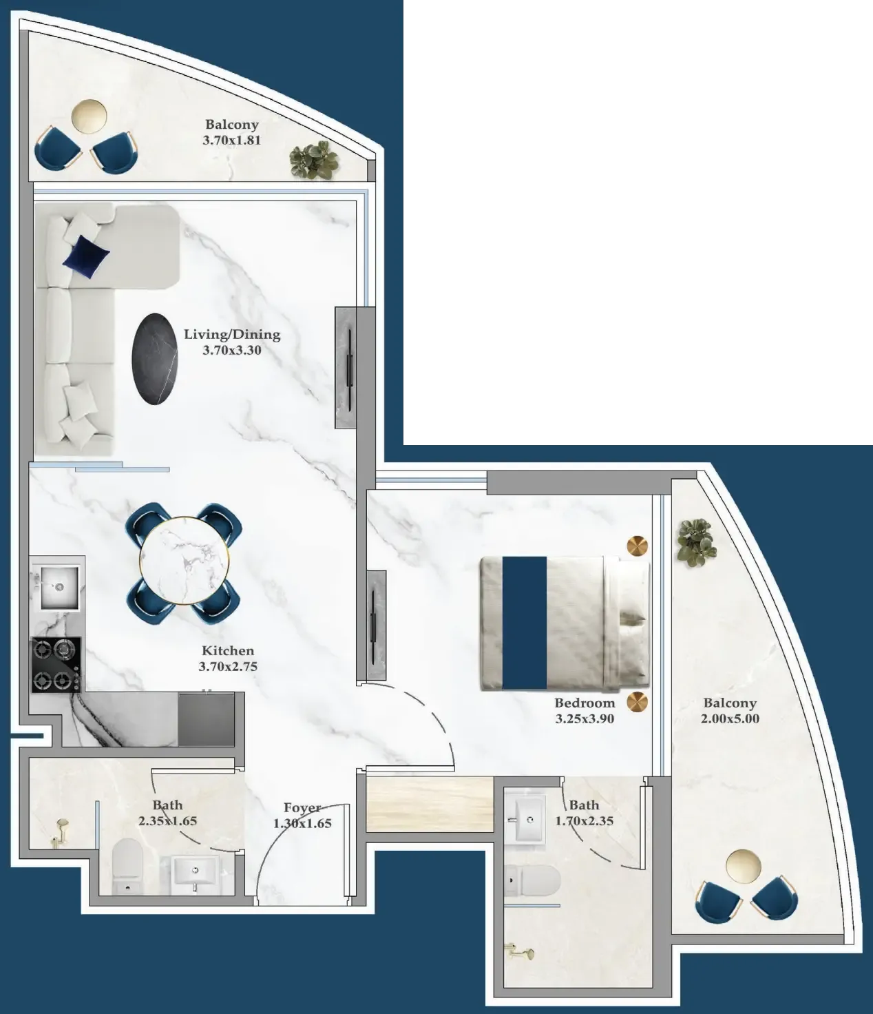 Serenz 1 bed floor plan, 572 – 600 sqft