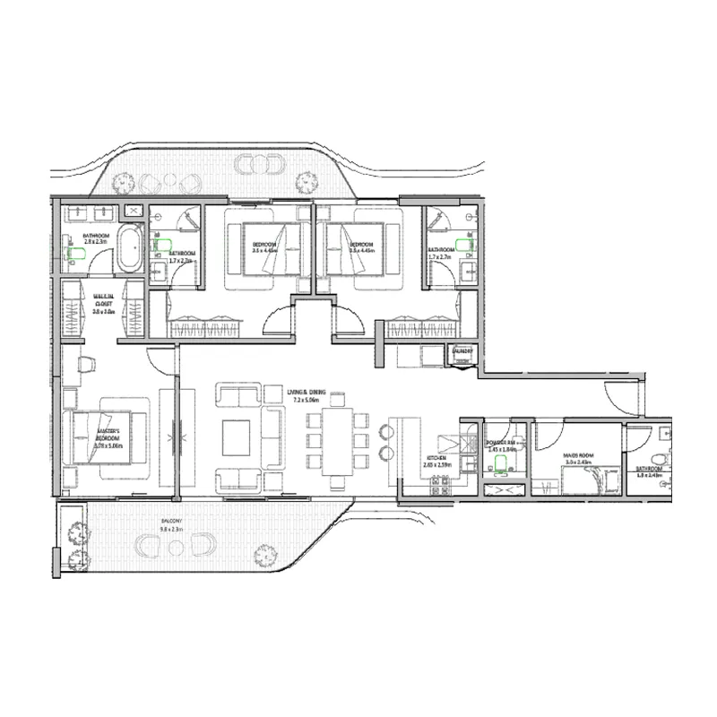The Blue Beach Residence 2 bed floor plan, 1,731 sqft