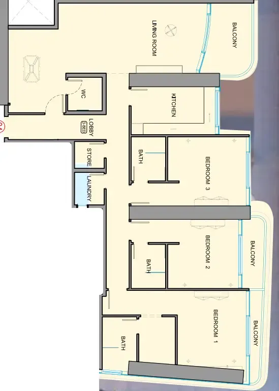 Al Ghaf Tower 3 bed floor plan, 2,082 sqft