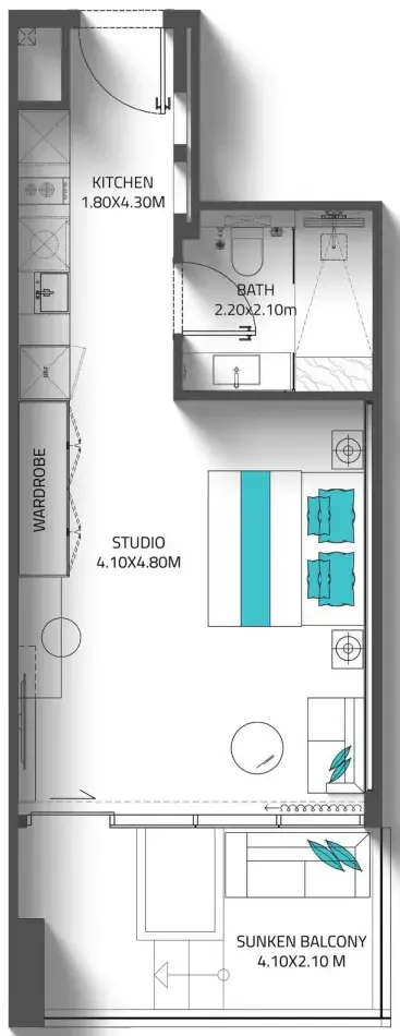 Reef 998 Studio floor plan, 477 sqft