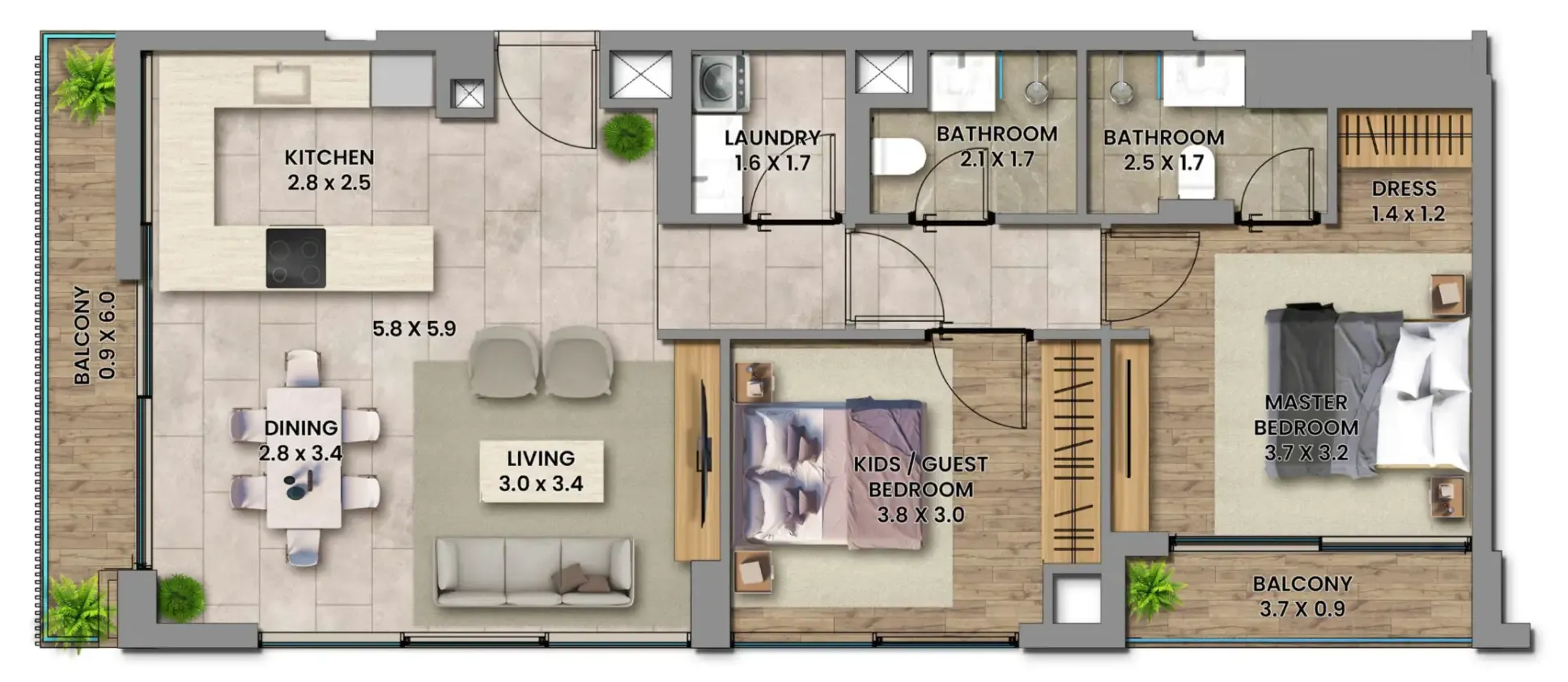 Elemental 78 2 bed floor plan, 963 – 964 sqft