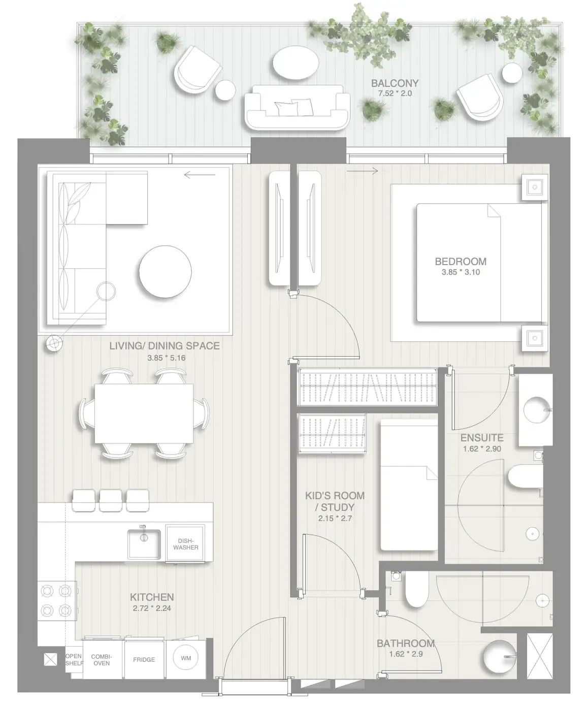 Sol Levante 1 bed floor plan, 856 sqft