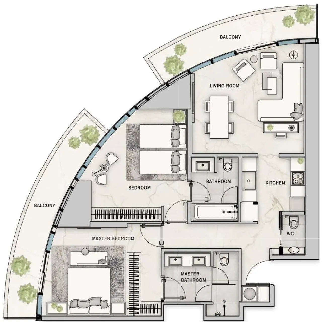 The Biltmore Residences Sufouh 2 bed floor plan, 1,327 sqft