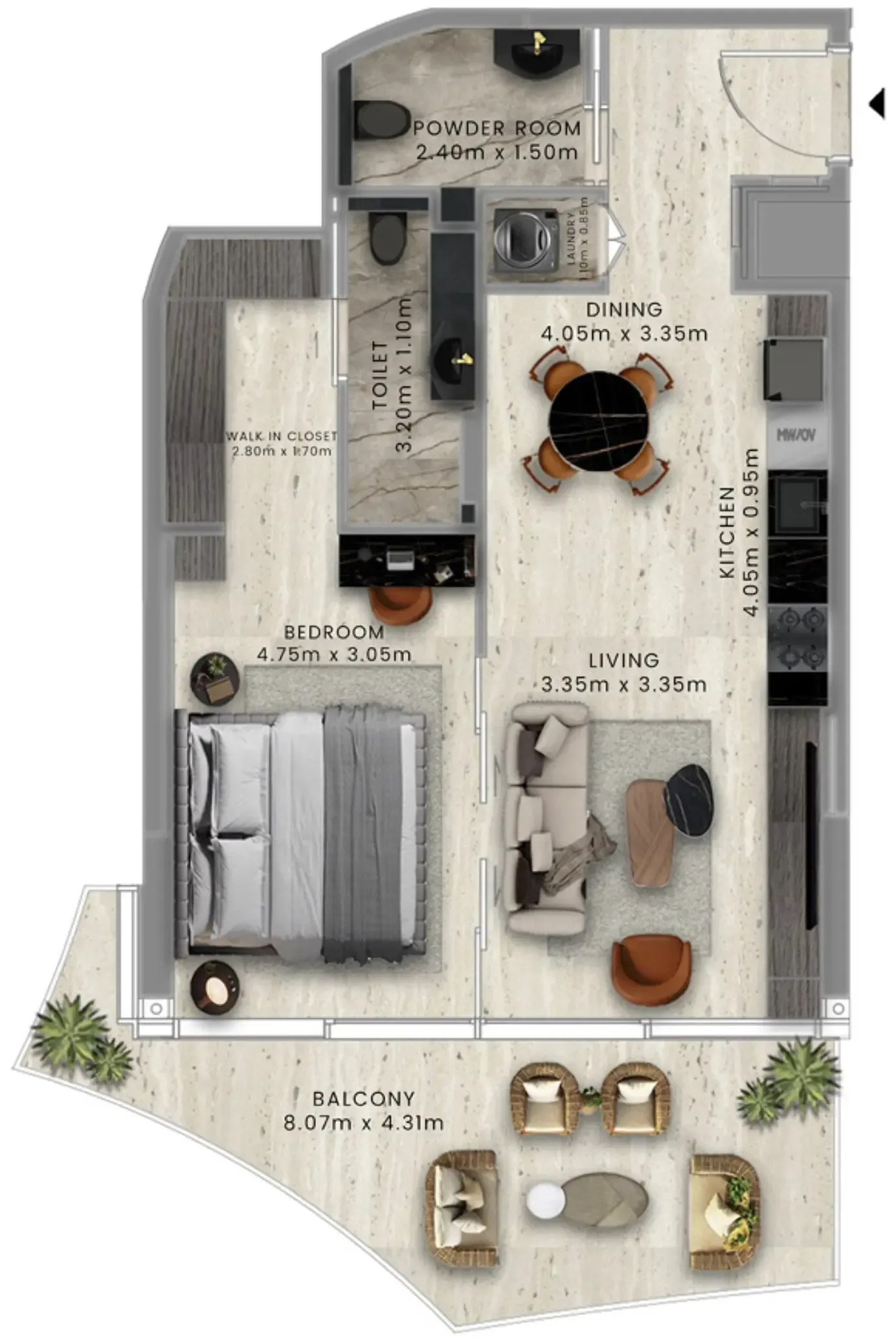 Ola Residence 1 bed floor plan, 850 sqft