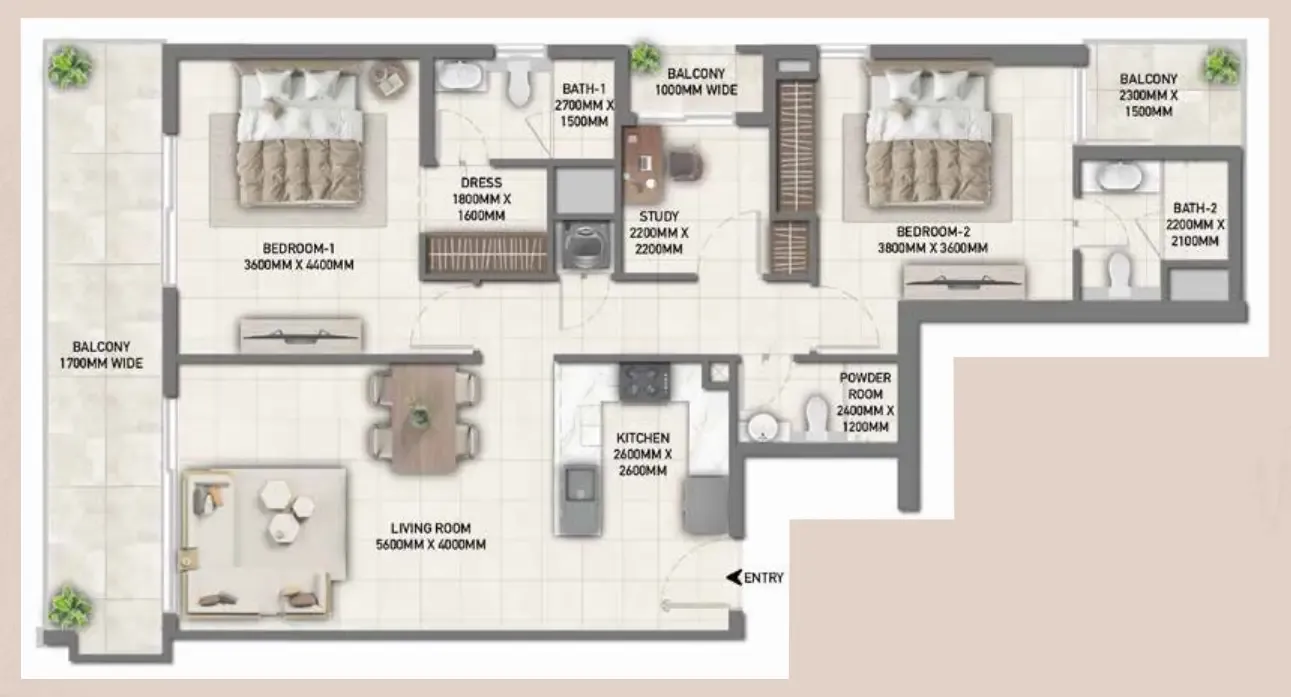 Blossom 40 2 bed floor plan, 1,315 sqft