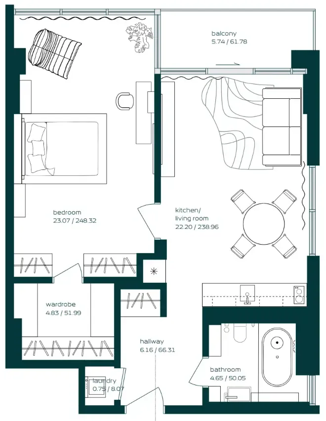 Vibe 1 bed floor plan, 806 sqft