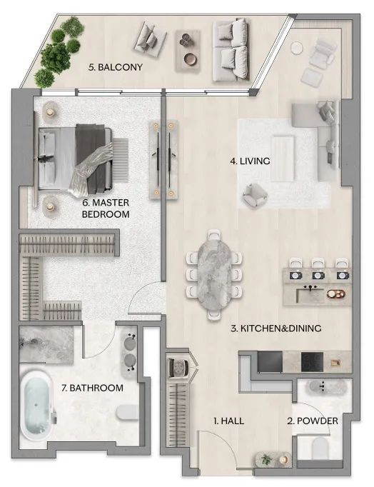 Riviera Residence 1 bed floor plan, 981 – 1,063 sqft