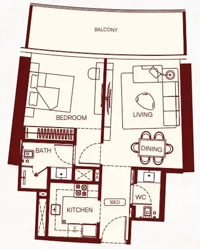 Binghatti Skyflame 1 bed floor plan, 721 – 724 sqft