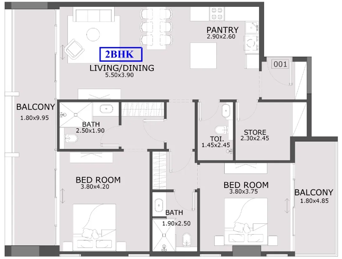 Azra Residence 2 bed floor plan, 1,410 sqft