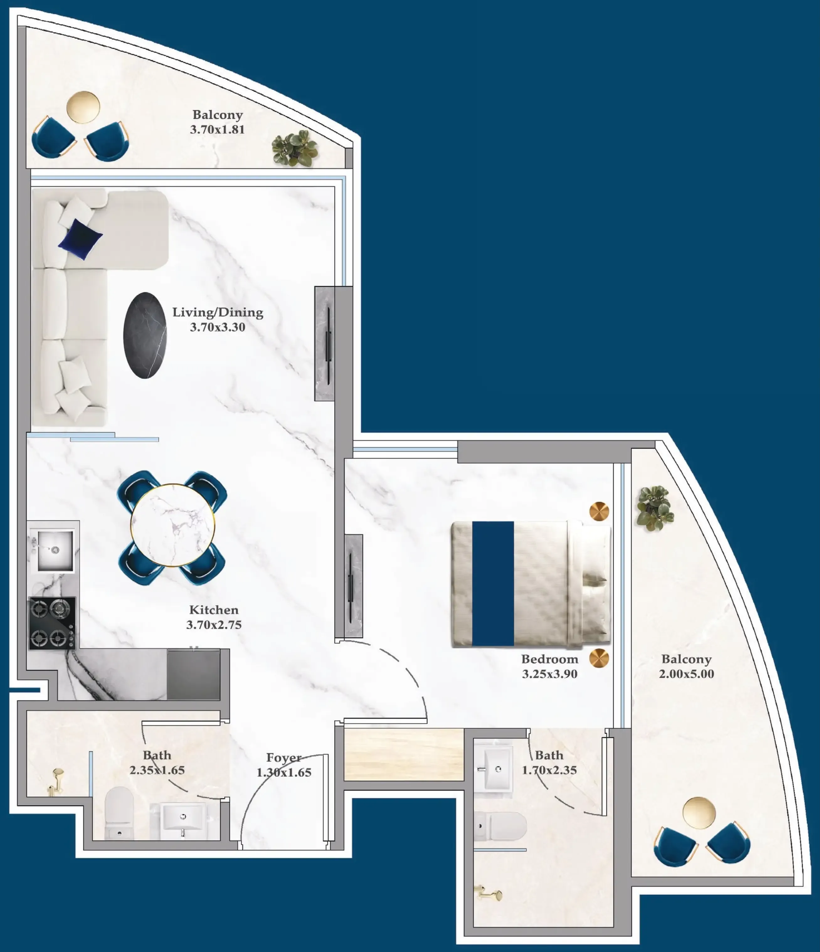 Serenz 1 bed floor plan, 577 sqft