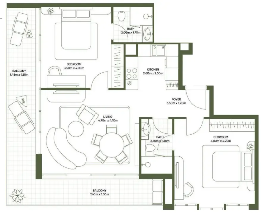 Olivia Gardens 2 bed floor plan, 1,033 sqft