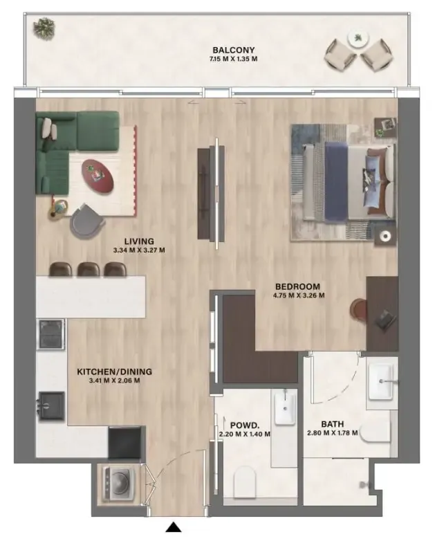 Mövenpick Residences Dubai Motor City Phase 1 1 bed floor plan, 703 sqft