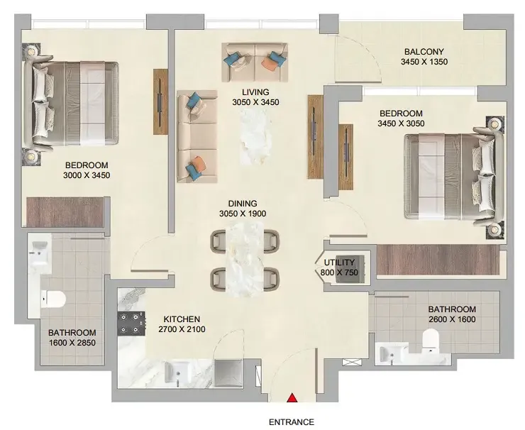 The Woods at Sobha Sanctuary 2 bed floor plan, 864 sqft