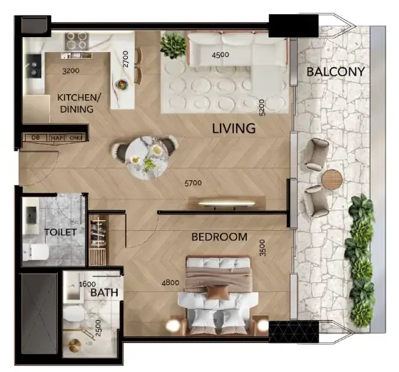 Radiant Bridges 1 bed floor plan, 915 sqft