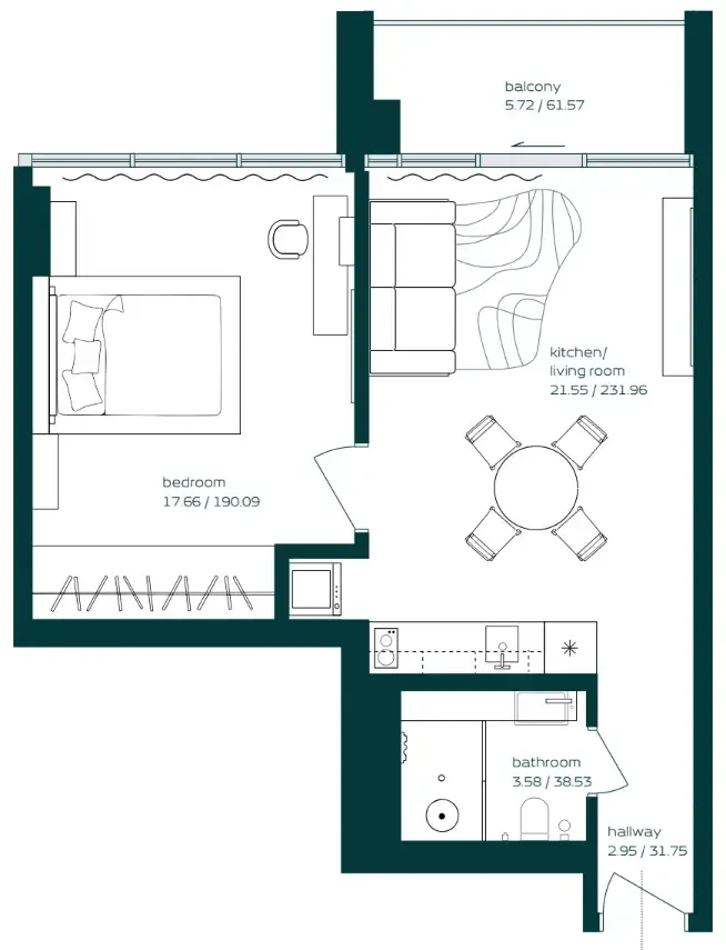 Vibe 1 bed floor plan, 619 sqft