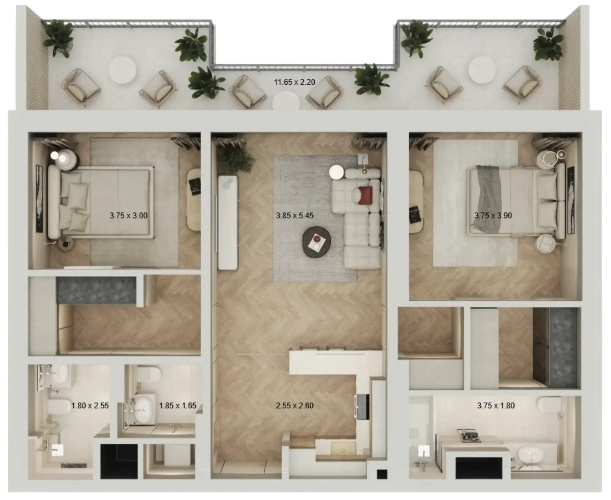 Arisha Terraces 2 bed floor plan, 1,234 sqft