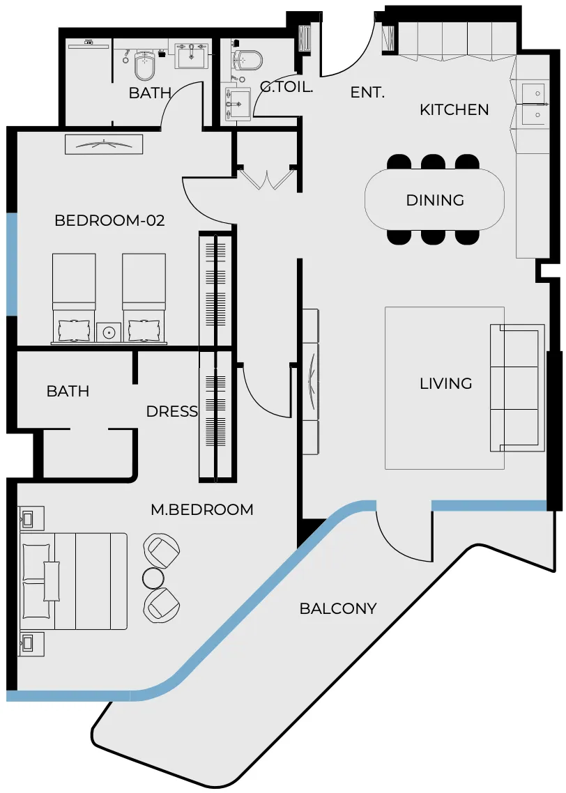 Coastal Haven 2 bed floor plan, 1,244 sqft