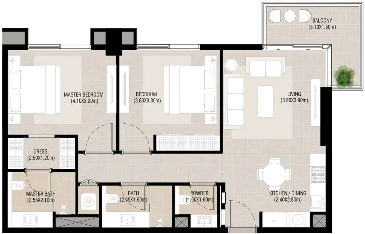 Camden 2 bed floor plan, 976 sqft