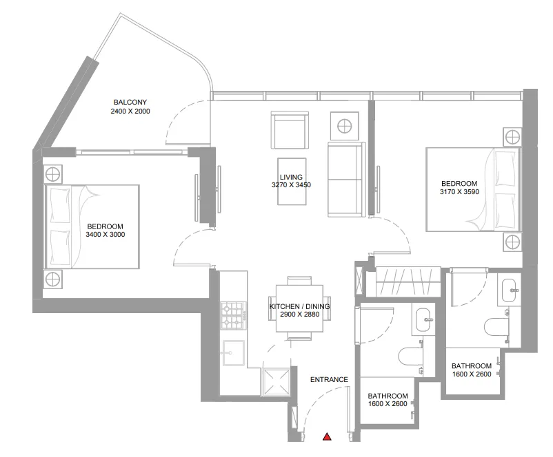 Pierside Marina Residences 2 bed floor plan, 708 – 719 sqft