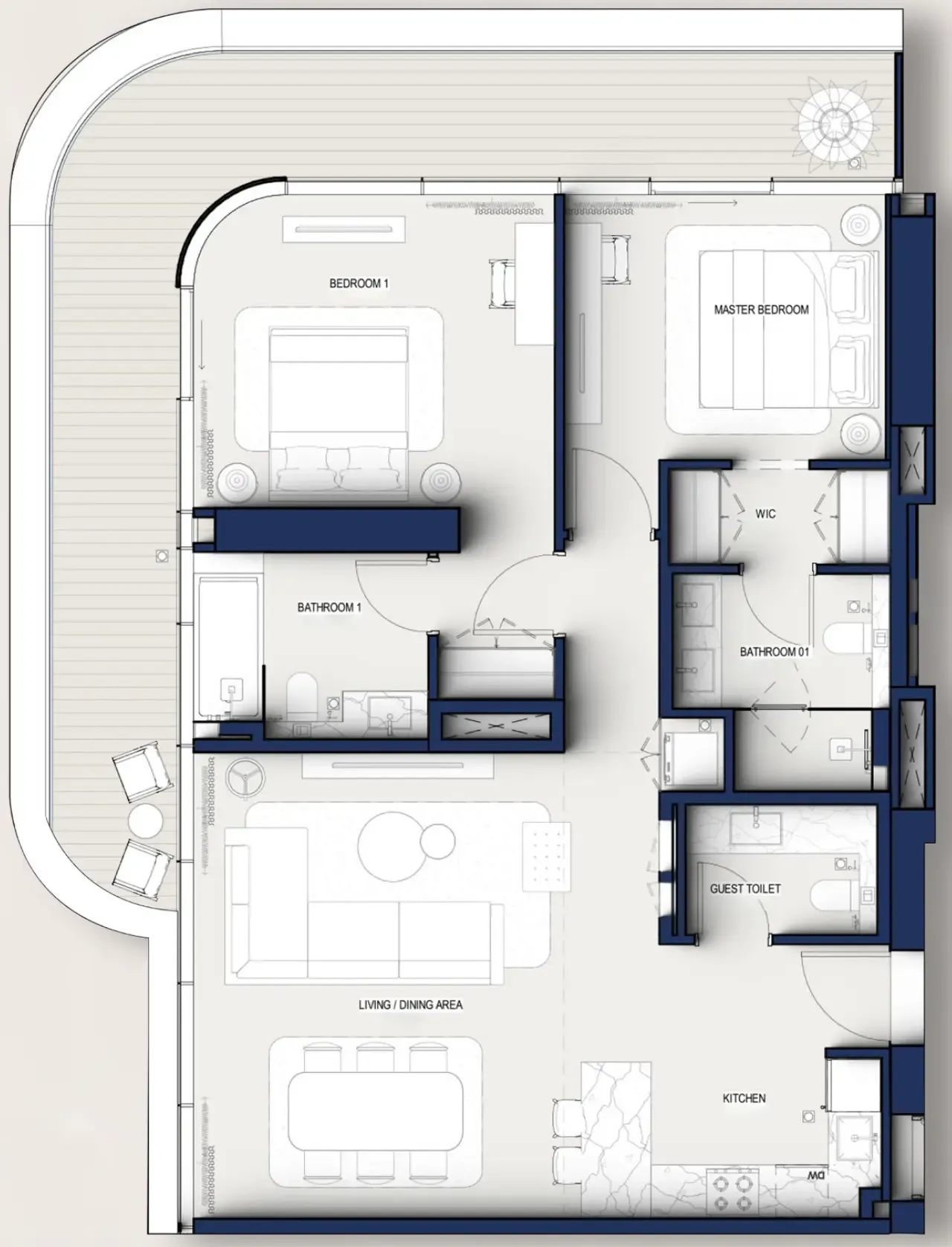 Hilton Residences 2 bed floor plan, 1,345 sqft