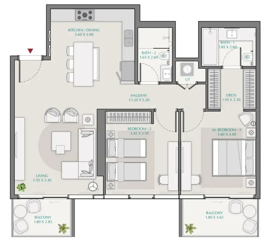 Avenue Park Towers 1 at Wasl 1 2 bed floor plan, 1,166 sqft
