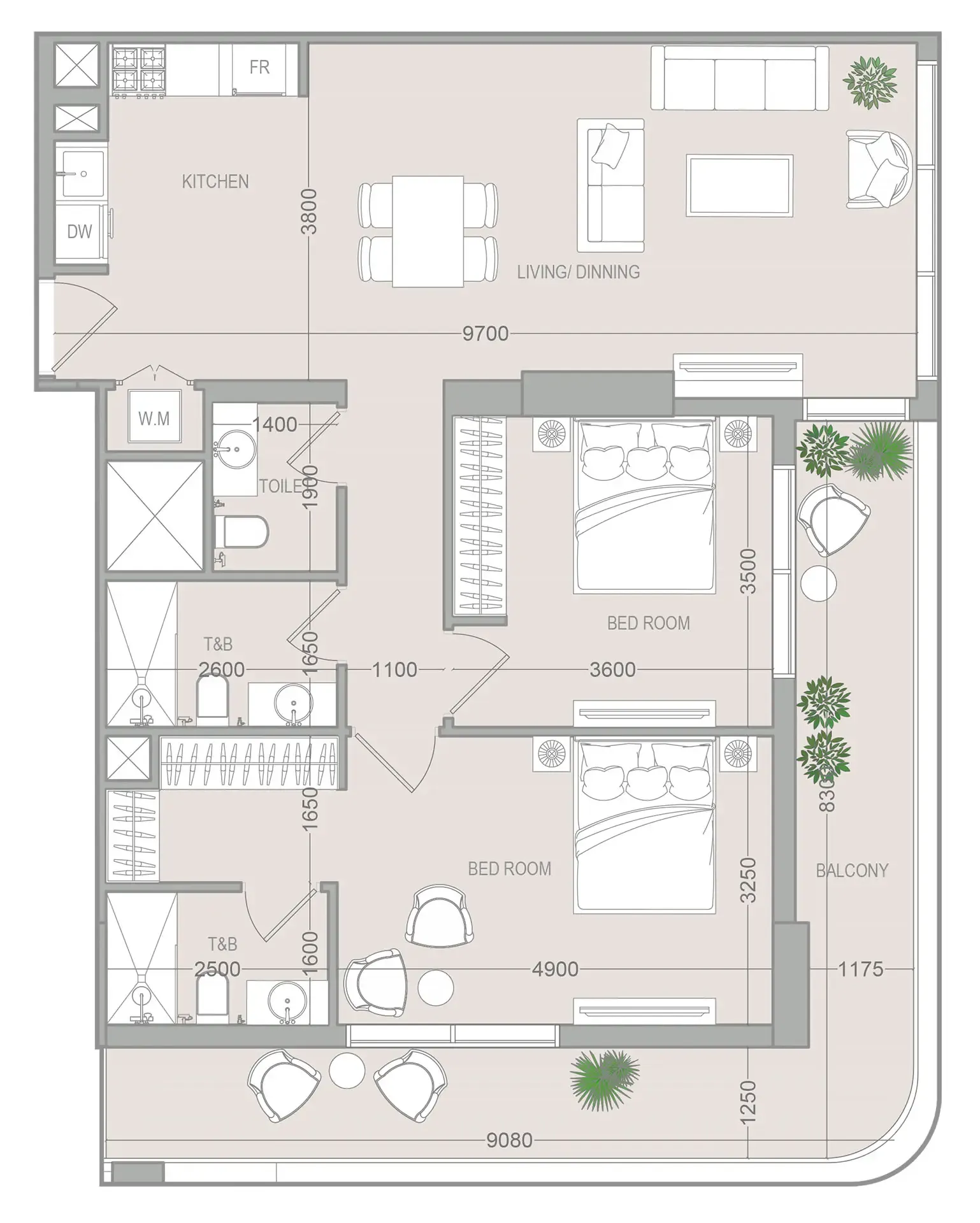 VERDAN1A 5 2 bed floor plan, 1,259 sqft