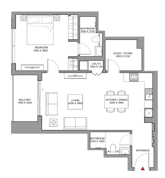 Skyscape 1 bed floor plan, 1,087 sqft