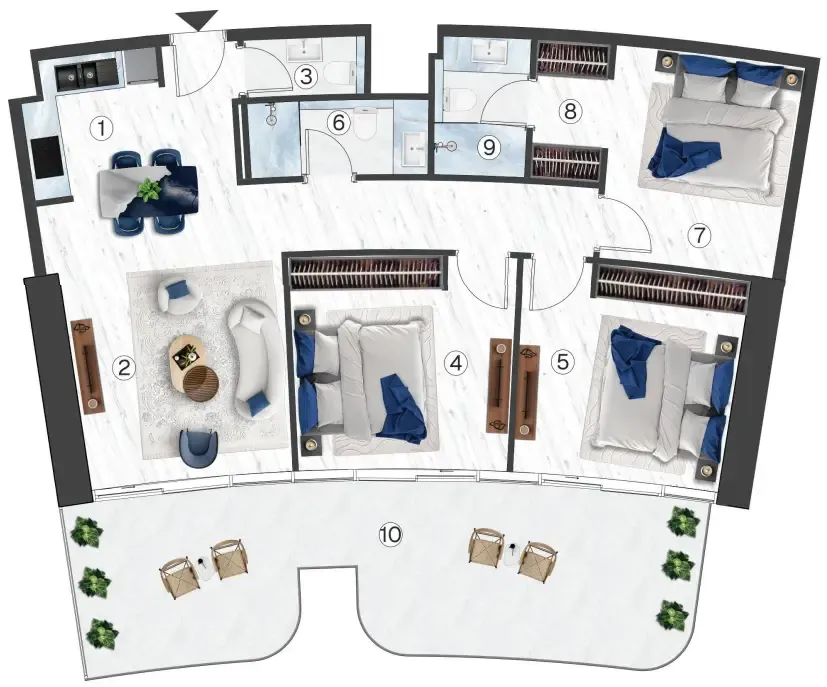 Radisson Blu Hotel & Residences 3 bed floor plan, 1,373 sqft
