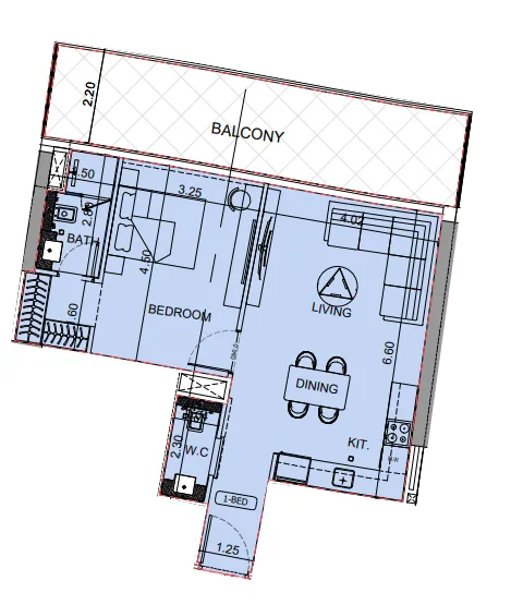 Binghatti Aquarise 1 bed floor plan, 876 sqft