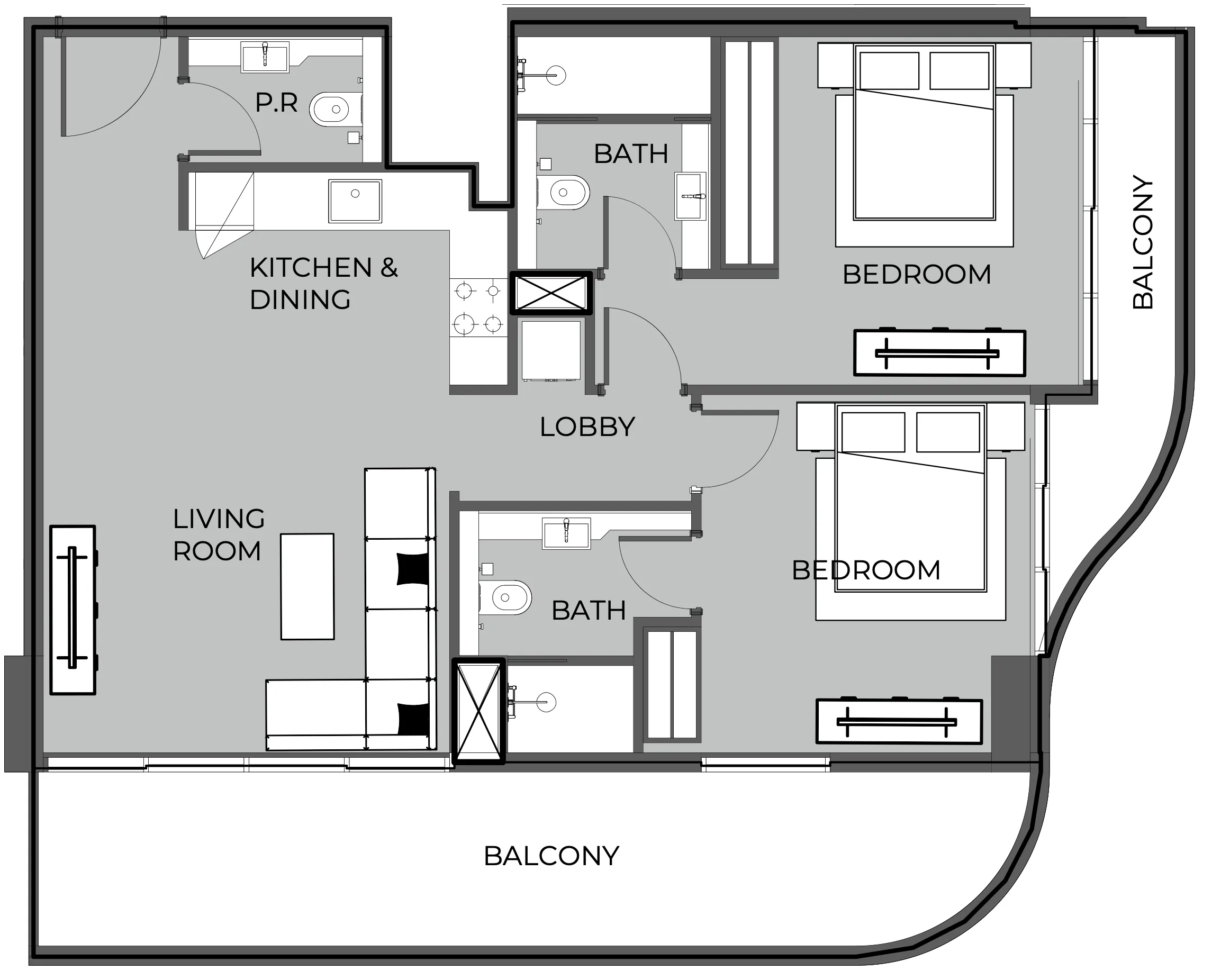 The Boulevard 2 bed floor plan, 1,125 sqft