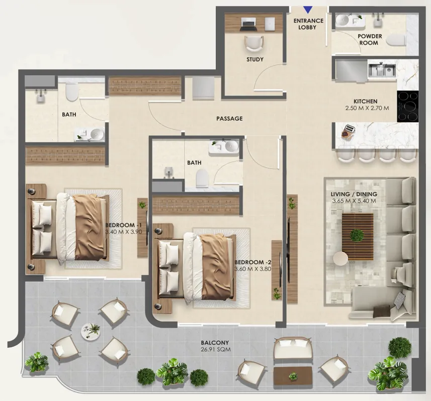 Vivida Residences 2 bed floor plan, 1,244 sqft