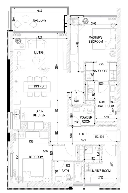 Naseem Al Jurf 2 bed floor plan, 1,345 sqft
