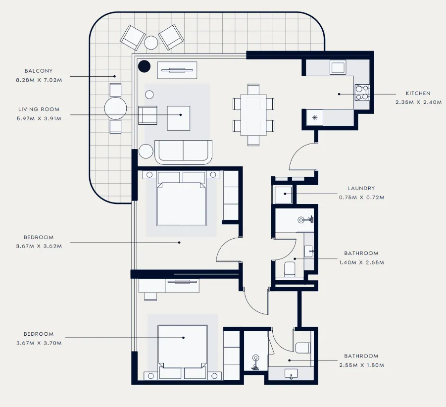 Azizi Venice 2 bed floor plan, 1,127 sqft