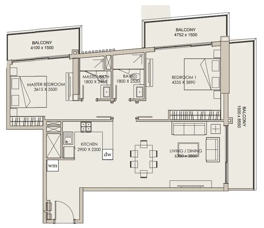 Nirvana Residences 1 2 bed floor plan, 1,243 sqft