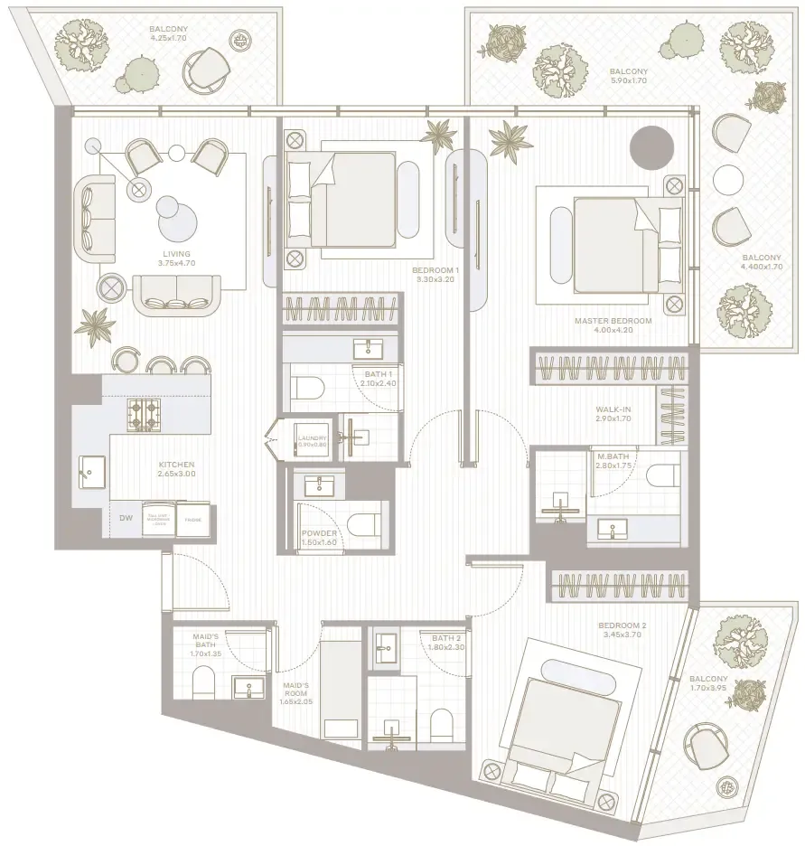 Park Five 3 bed floor plan, 1,735 – 1,751 sqft