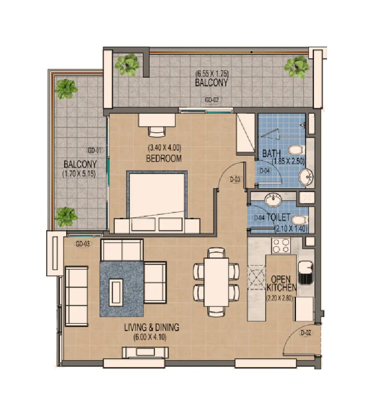Triana Residences 1 bed floor plan, 939 sqft
