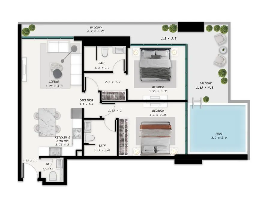 Samana Park Meadows 2 bed floor plan, 1,152 sqft