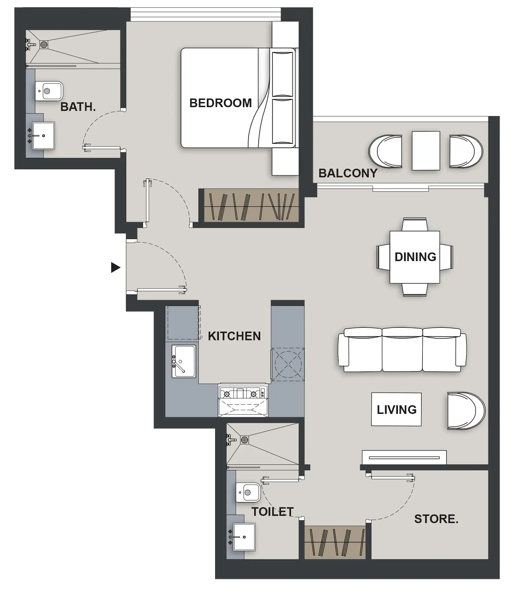 Maison Elysee III 1 bed floor plan, 627 sqft