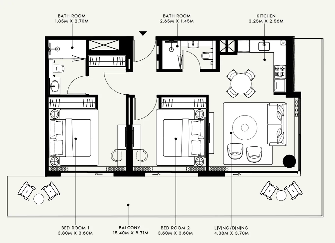 Azizi Venice 2 bed floor plan, 1,267 sqft