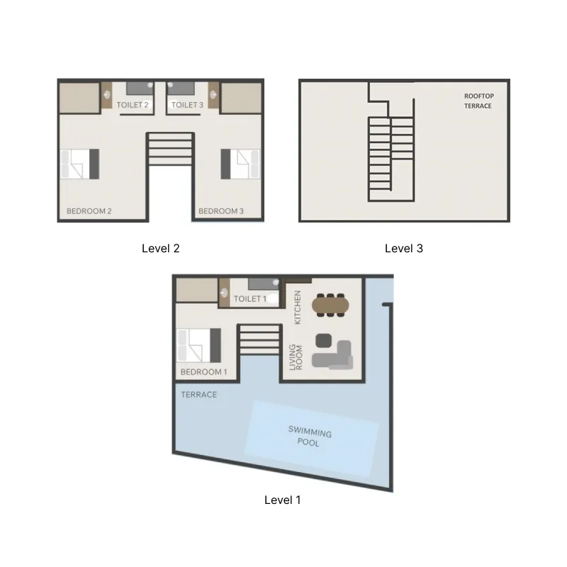 Swoi Berawa Villas 3 bed floor plan, 2,120 sqft