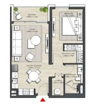 Elvira 1 bed floor plan, 702 sqft