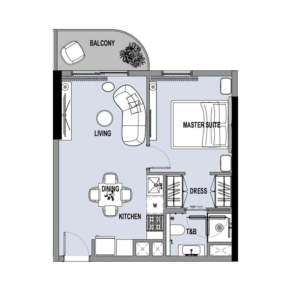 Verso 1 bed floor plan, 523 sqft