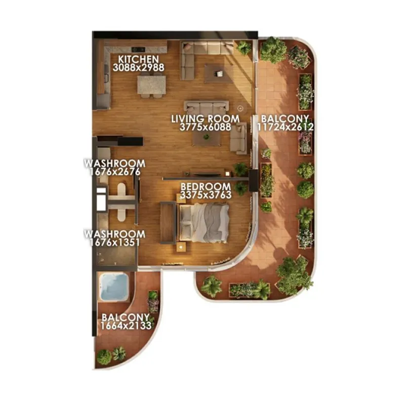 Zenith D1 1 bed floor plan, 1,273 sqft
