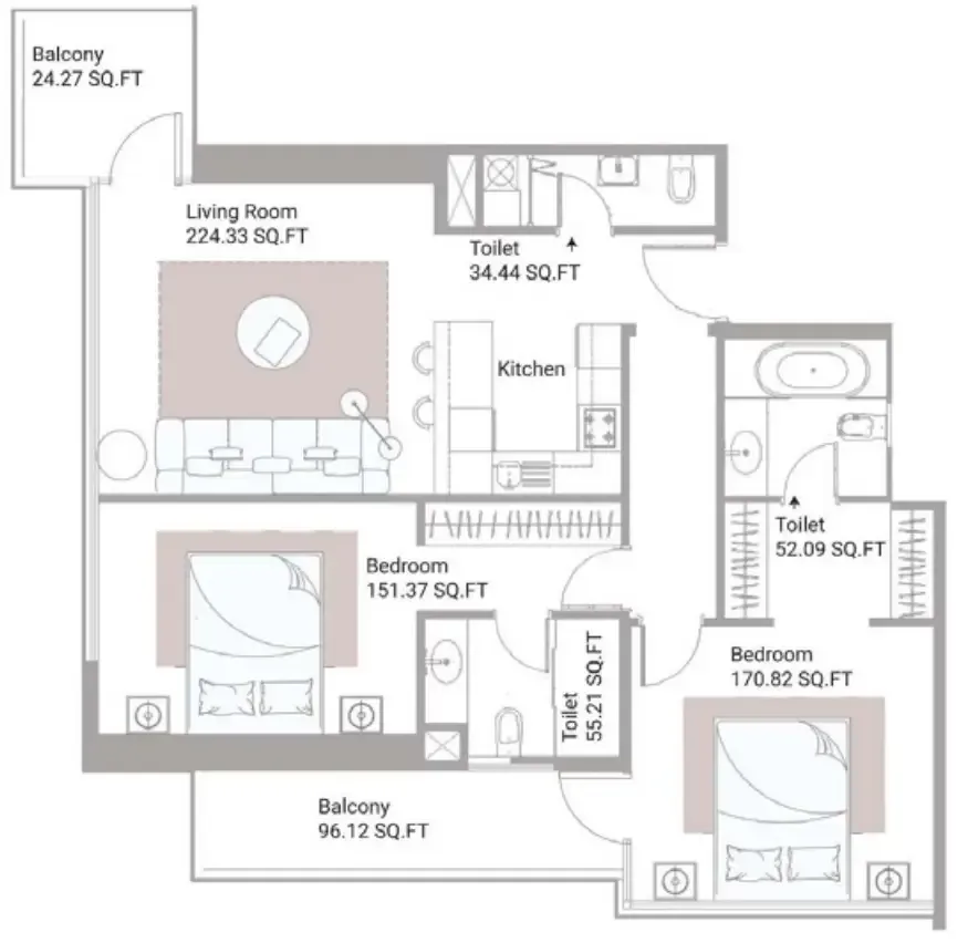 Ajman Creek Towers 2 bed floor plan, 1,607 – 1,608 sqft