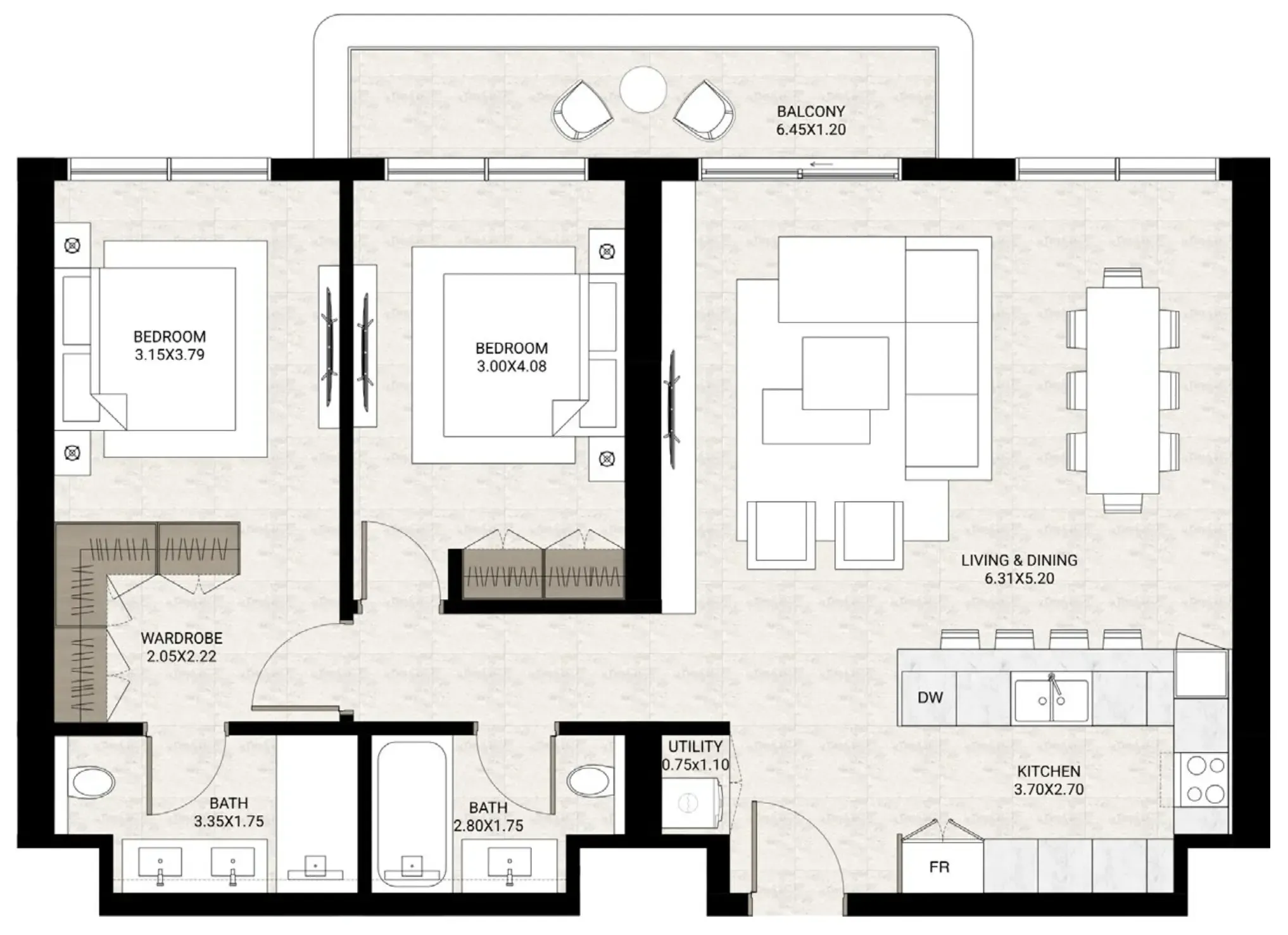 The Strand Lunara 2 bed floor plan, 1,229 sqft