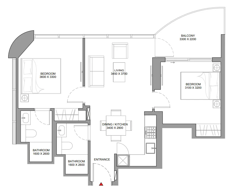 Sobha Aquamont 2 bed floor plan, 760 sqft