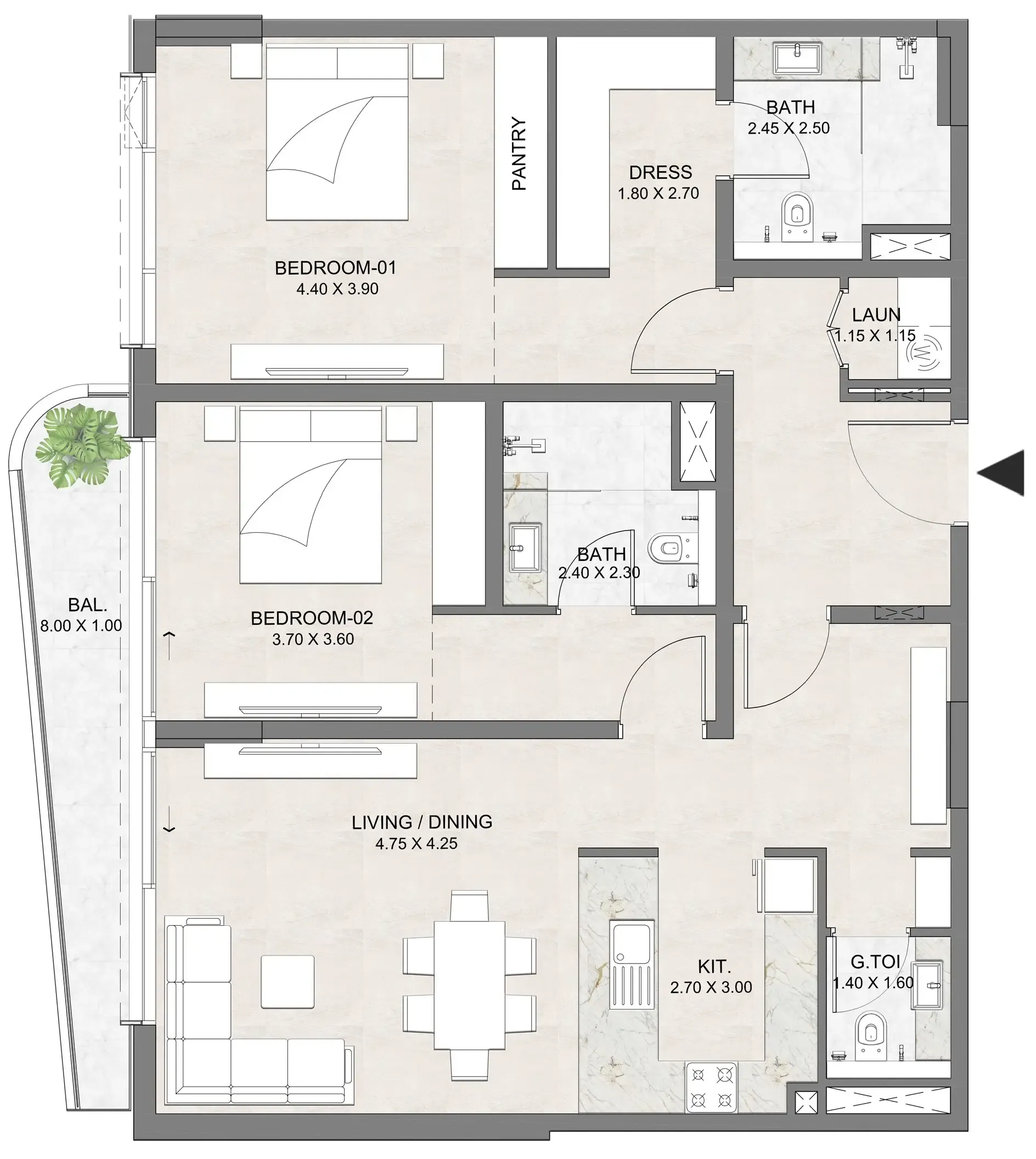 Luzora Residence 2 bed floor plan, 1,303 sqft