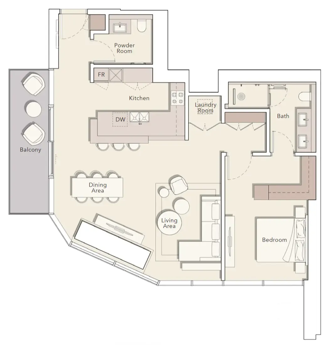 One River Point 1 bed floor plan, 1,200 sqft
